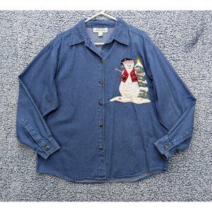 VTG 90s Denim Button Up Shirt Size L Snowman Christmas Grandma Cottagecore Blue